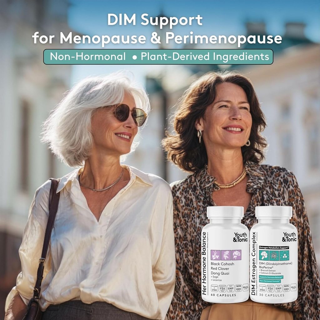 Youth & Tonic Menopause & PMS Support for Women Through Balanced Estrogen Metabolism – 90 Pills with DIM Black Cohosh Red Clover Dong Quai Soy Isoflavones 3