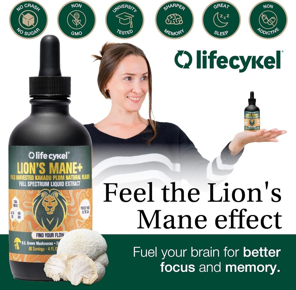 Life Cykel - Lion's Mane Mushroom Extract with Kakadu Plum - Brain Booster Nootropic for Memory, Focus & REM Sleep - Non-GMO, Organic Mushroom Tincture - 4 Fl Oz (60 Servings) 4