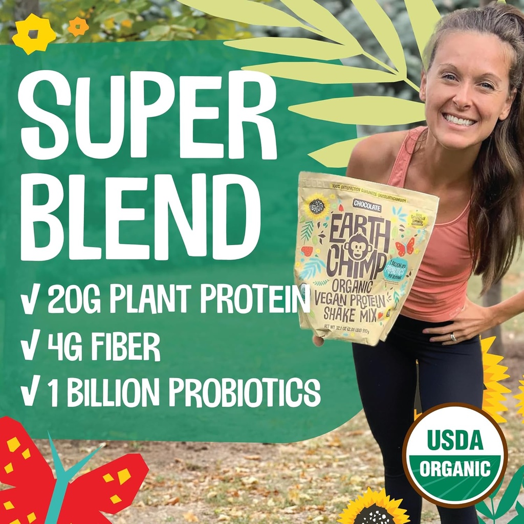 EarthChimp Organic Vegan Protein Powder - with Probiotics - Non GMO, Dairy Free, Non Whey, Plant Based Protein Powder for Women and Men, Gluten Free - 52 Servings 64 Oz (Chocolate) No Scoop 5