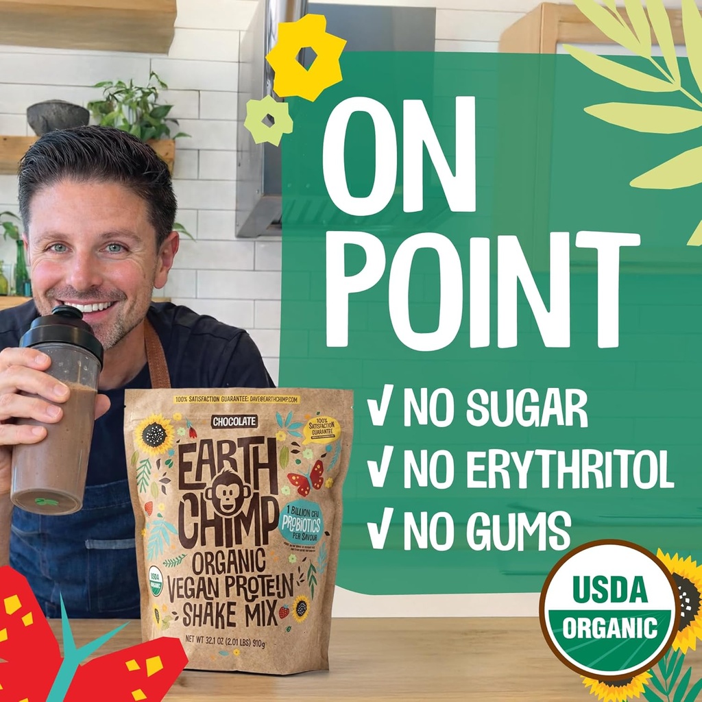EarthChimp Organic Vegan Protein Powder - with Probiotics - Non GMO, Dairy Free, Non Whey, Plant Based Protein Powder for Women and Men, Gluten Free - 52 Servings 64 Oz (Chocolate) No Scoop 6
