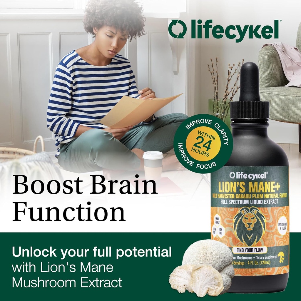 Life Cykel - Lion's Mane Mushroom Extract with Kakadu Plum - Brain Booster Nootropic for Memory, Focus & REM Sleep - Non-GMO, Organic Mushroom Tincture - 4 Fl Oz (60 Servings) 6