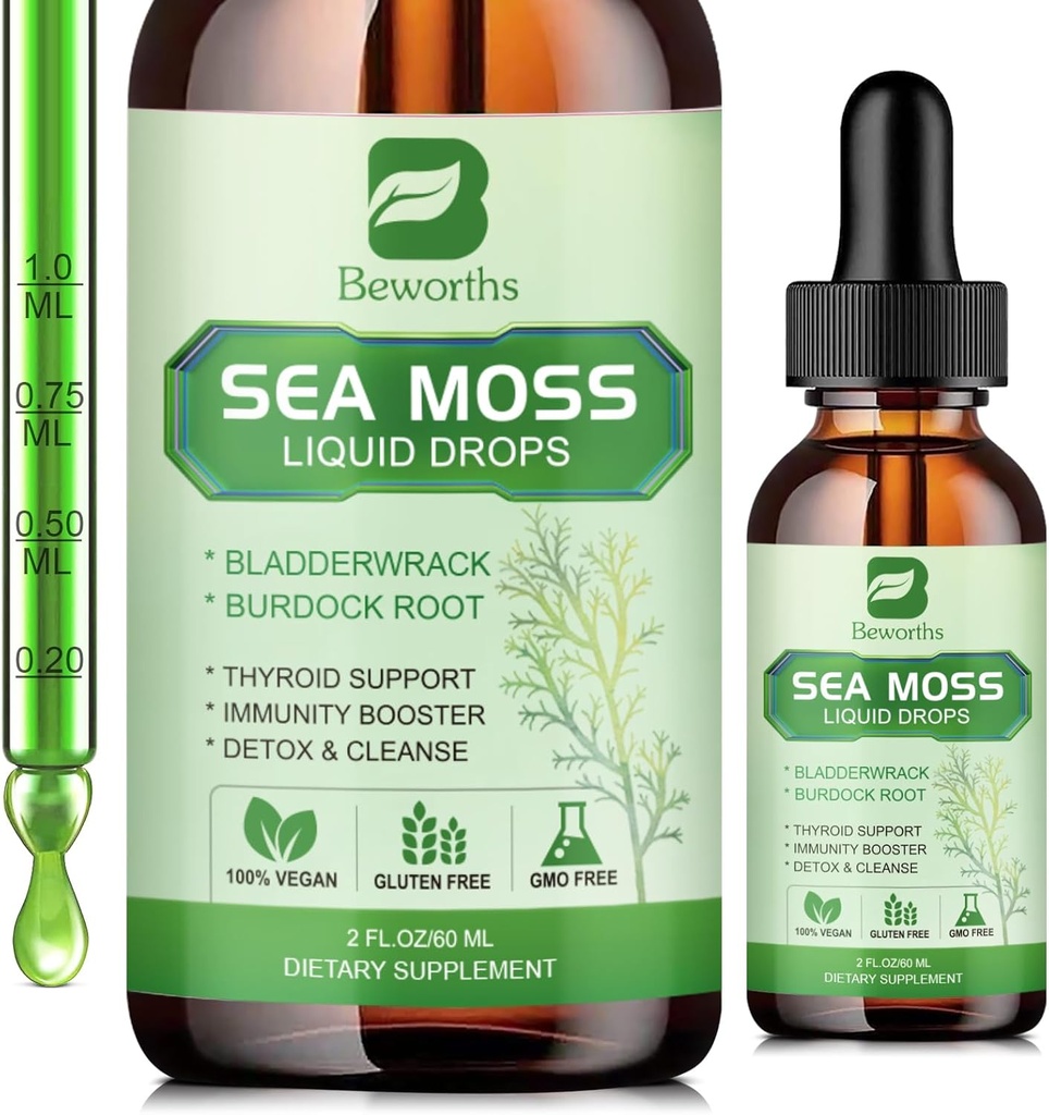 Sea Moss Liquid Drops - Organic Irish Sea Moss Gel with Spirulina, Bladderwrack, Burdock Root, Seamoss Gel Supplement for Joint, Detox Cleanse & Digestion Support - 2 Fl Oz, Vegan 2