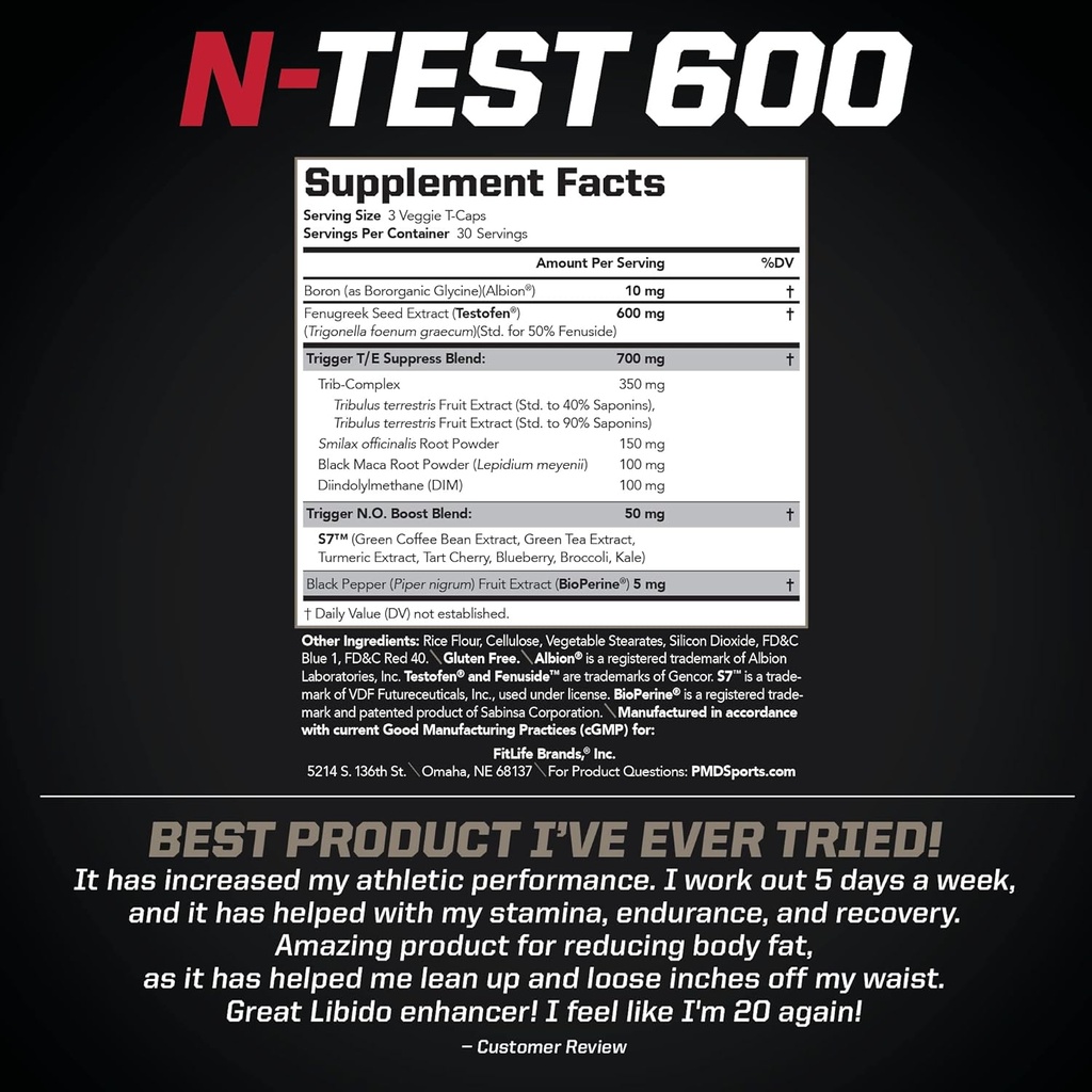 PMD Sports N-Test 600 Advanced Nitric Oxide Booster for Men - with Clinically Studied Testofen - Lean Muscle and Strength Gains with Estrogen Suppression (90 Veggie -Caps) 5