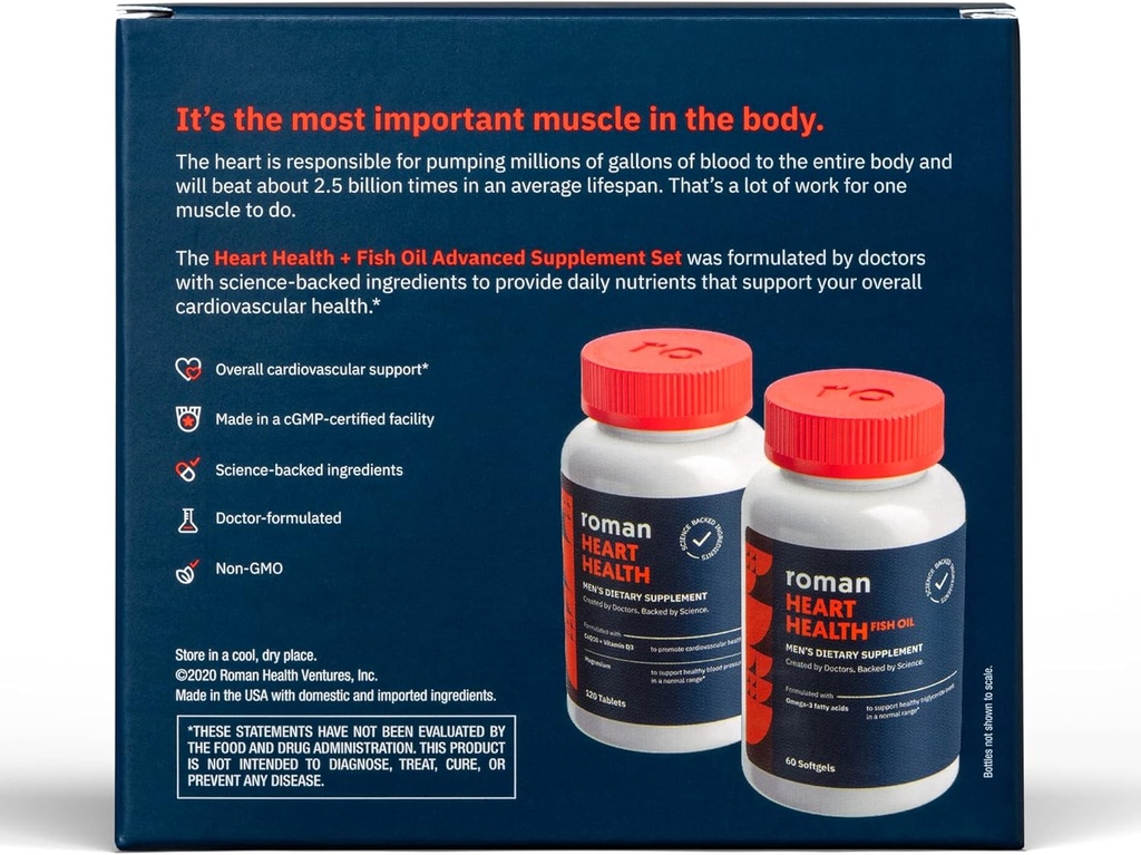 ROMAN Heart Health | Men's Daily Nutritional Supplement for Cardiovascular Support, Features Magnesium, Vitamins K + D3, CoQ10, and Spirulina | 30-Day Supply (120 Tablets + 60 Fish Oil Softgels) 4