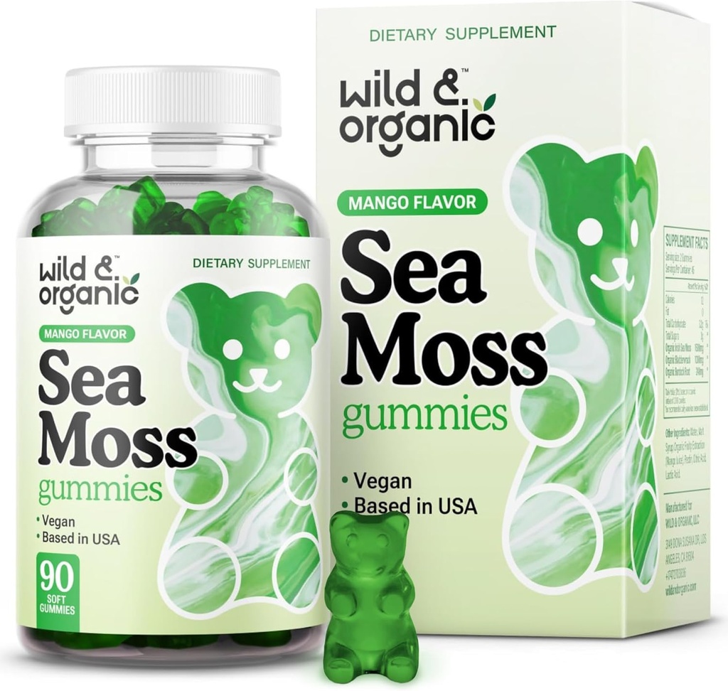 Wild & Organic Irish Sea Moss Gummies 1600 mg - Complex w/Bladderwrack and Burdock Root - Sea Moss Gel Chews for Overall Support - Chondrus Crispus - 90 Vegan, Non-GMO Seamoss Gel Gummies 2