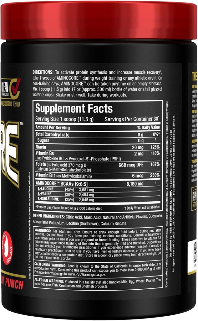 ALLMAX Nutrition AMINOCORE BCAA Powder, 8.18 Grams of Amino Acids, Intra and Post Workout Recovery Drink, Gluten Free, Fruit Punch, 315 g 4
