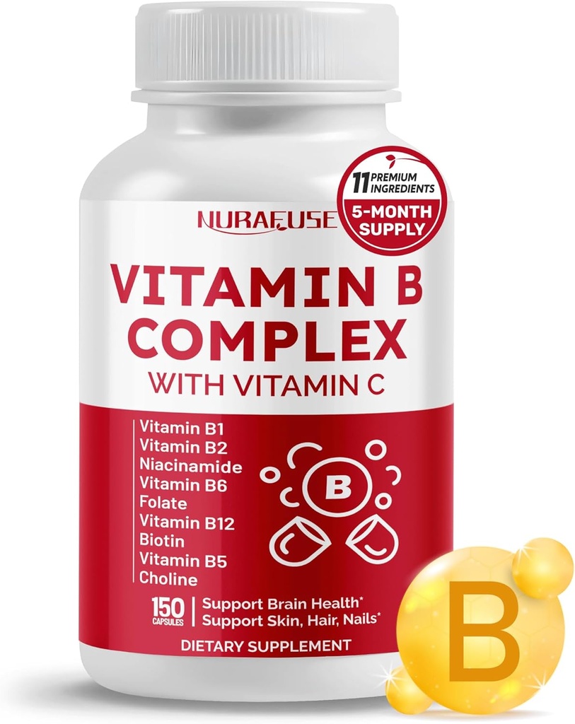 Vitamin B Complex Vitamin B1, B2, 6,9,12 Niacin, with Vitamin C - Support Brain Health, Energy Levels, Skin, Hair, and Nails - Made and Tested in The USA 2