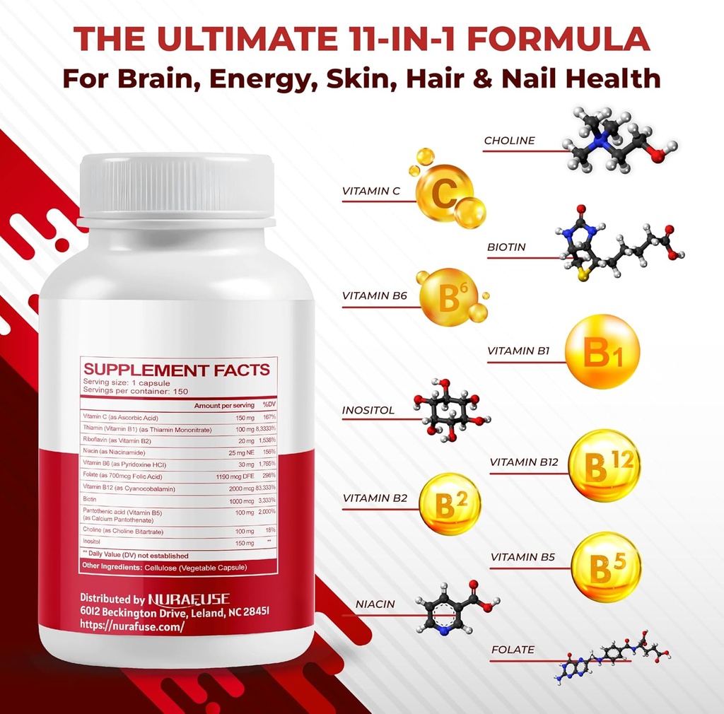 Vitamin B Complex Vitamin B1, B2, 6,9,12 Niacin, with Vitamin C - Support Brain Health, Energy Levels, Skin, Hair, and Nails - Made and Tested in The USA 4