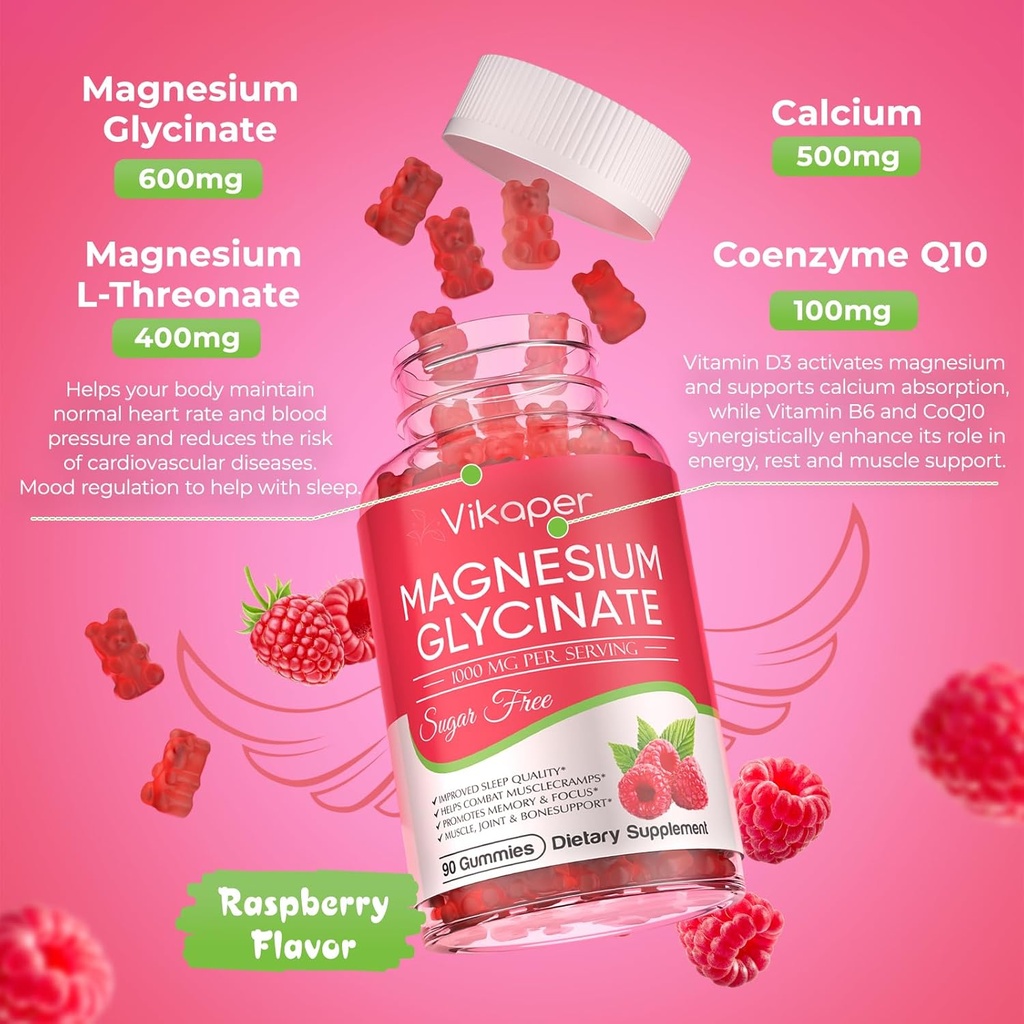 Magnesium Glycinate Gummies Sugar Free,Magnesium Potassium Supplement with Vitamin D3,B6 to Sleep,Stress,Muscle Relief,Nerve Health Support for Adults,180 Raspberry Flavor Gummy 3