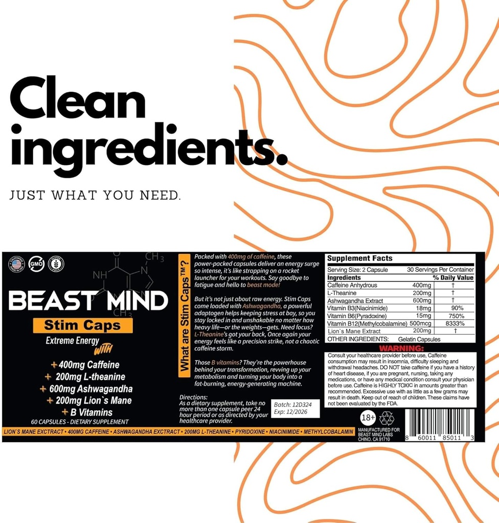 Extreme Energy Pills | 400mg Caffeine | 600mg Ashwagandha | 200mg Lions Mane | Increased Energy & Focus & Mood by Beast Mind 3