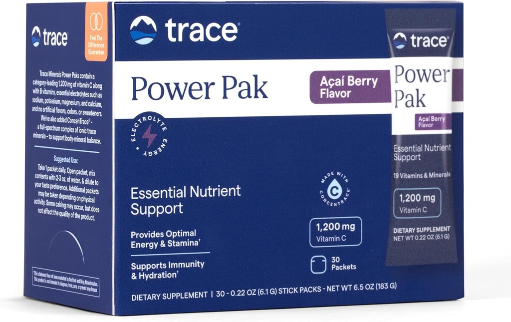 Trace Minerals Power Pak Multivitamin and Multimineral Packets - Electrolyte Support - 1200 mg Vitamin C Plus 70 Acai Berry Flavor - Pa60 ckets 2