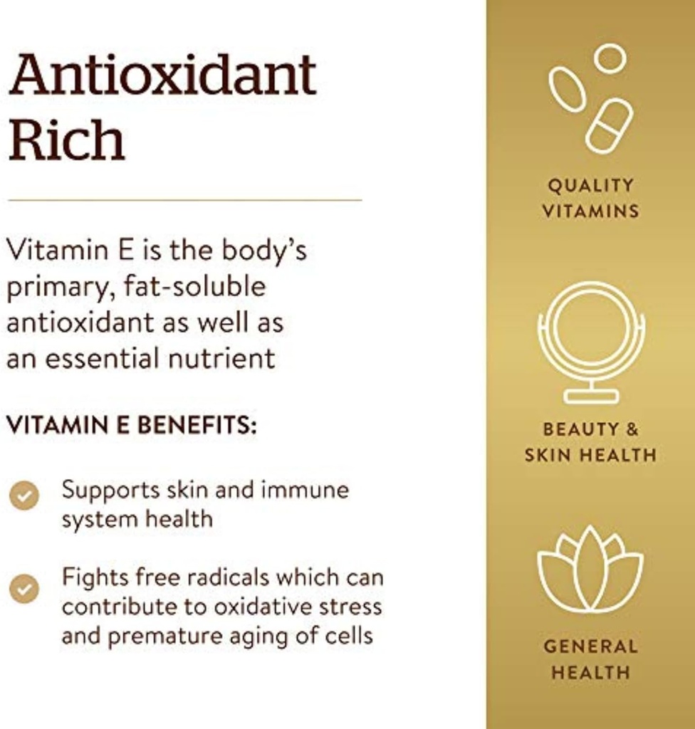 Solgar Vitamin E 268 MG (400 IU) (d-Alpha Tocopherol & Mixed Tocopherols), 100 Softgels - Supports Immune System & Skin Nutrition - Natural Antioxidant - Gluten Free, Dairy Free - 100 Servings 5