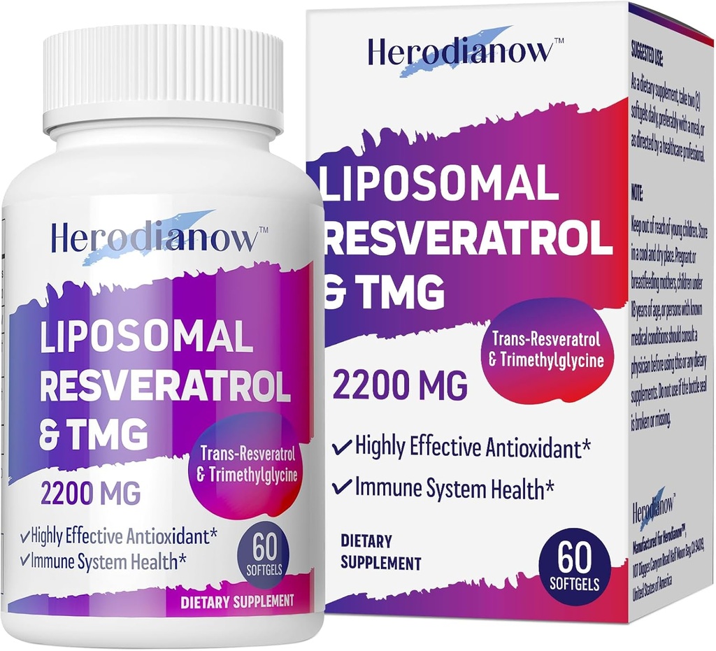 Liposomal Resveratrol with TMG Supplement 2200 MG, 99% Purity Trans-Resveratrol & Trimethylglycine- Antioxidant, for Immune System, Skin & Overall Health, 60 Softgels(Pack of 1) 2