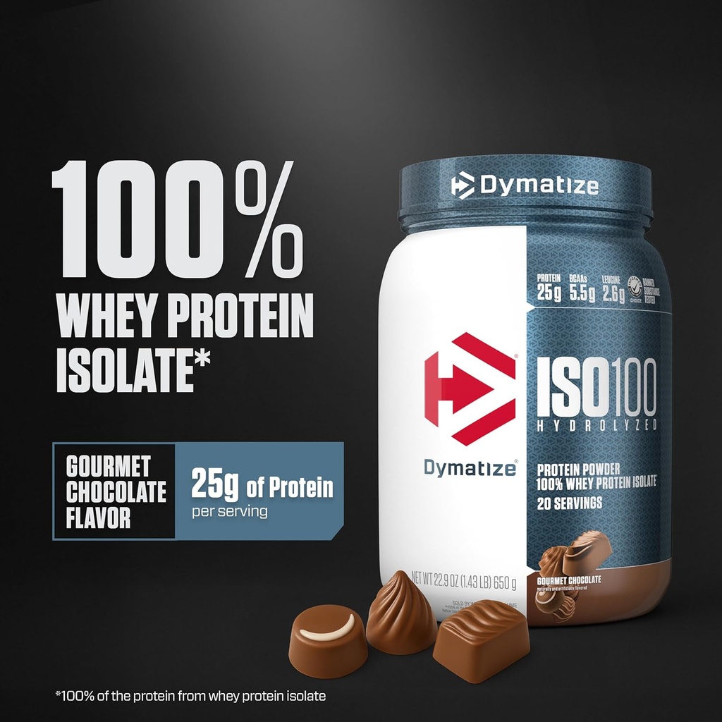 Dymatize ISO100 Whey Protein Powder Isolate, Gourmet Chocolate, 25g of Protein, 5.5g BCAAs, Less Than 120 Cal., Gluten Free, 1g Fat, 1g Sugar, 2g Carb (20 Servings) 3