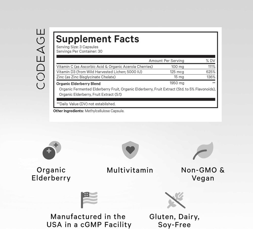 Codeage Elderberry Vitamins - Organic Fermented Elderberry Blend, Vitamin C from Ascorbic Acid & Organic Acerola Cherries, Vitamin D3, Zinc, Sambucus Berries - 90 Capsules 3