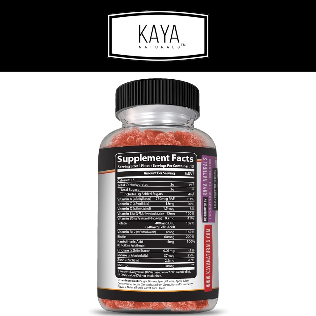 Kaya Naturals Adult Multi Vitamin Gummy, Biotin, Vitamin A, B-12, C & E, Including Zinc, Folic Acid, Strawberry Flavor - Gluten-Free Multivitamins Sweet Adult Gummies 3