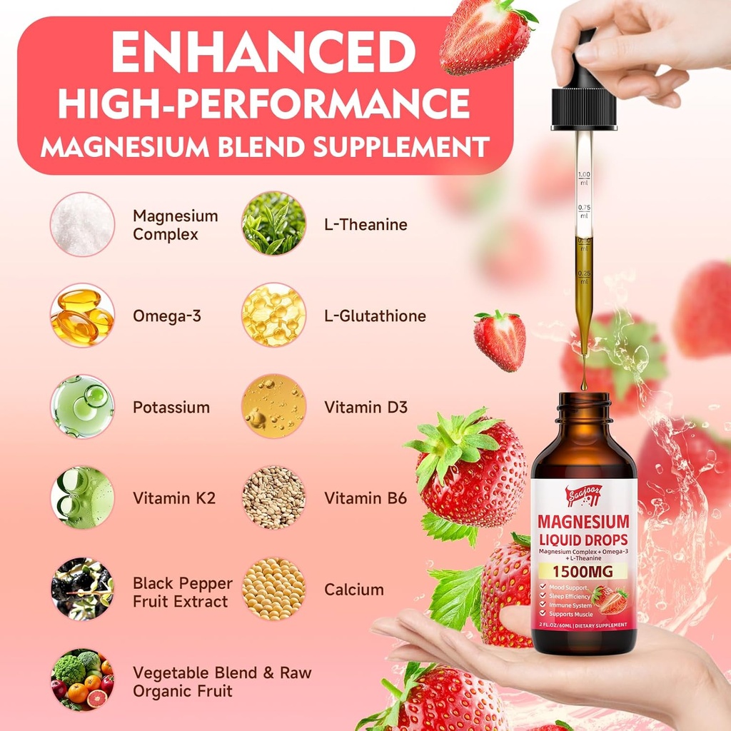 2 Pack Magnesium Glycinate Liquid Drops, 1500mg Magnesium Liquid Supplement with Vitamin B6, D3, L - Theanine, Omega3,Support Night, Muscle, Bone, Mood, Strawberry Flavor - 4 Fl Oz (120ml) Bottle 4