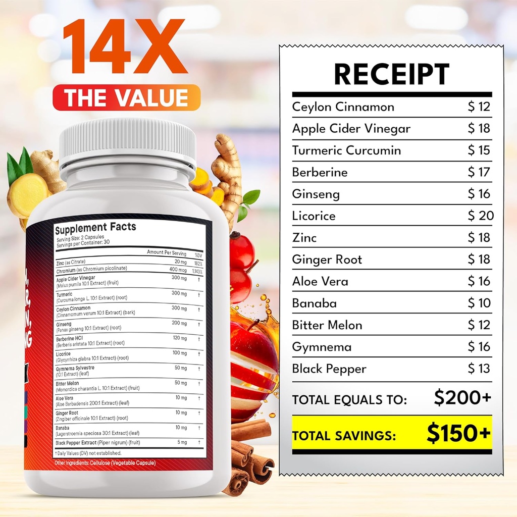Ceylon Cinnamon, Turmeric, Apple Cider Vinegar, Ginseng, Aloe Vera, Berberine Plus Banaba, Ginger Root - 180 Count 6