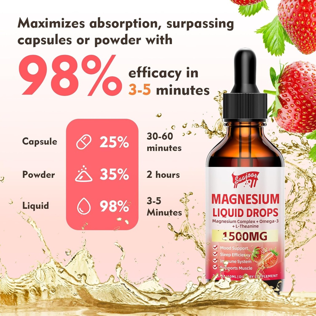 2 Pack Magnesium Glycinate Liquid Drops, 1500mg Magnesium Liquid Supplement with Vitamin B6, D3, L - Theanine, Omega3,Support Night, Muscle, Bone, Mood, Strawberry Flavor - 4 Fl Oz (120ml) Bottle 6