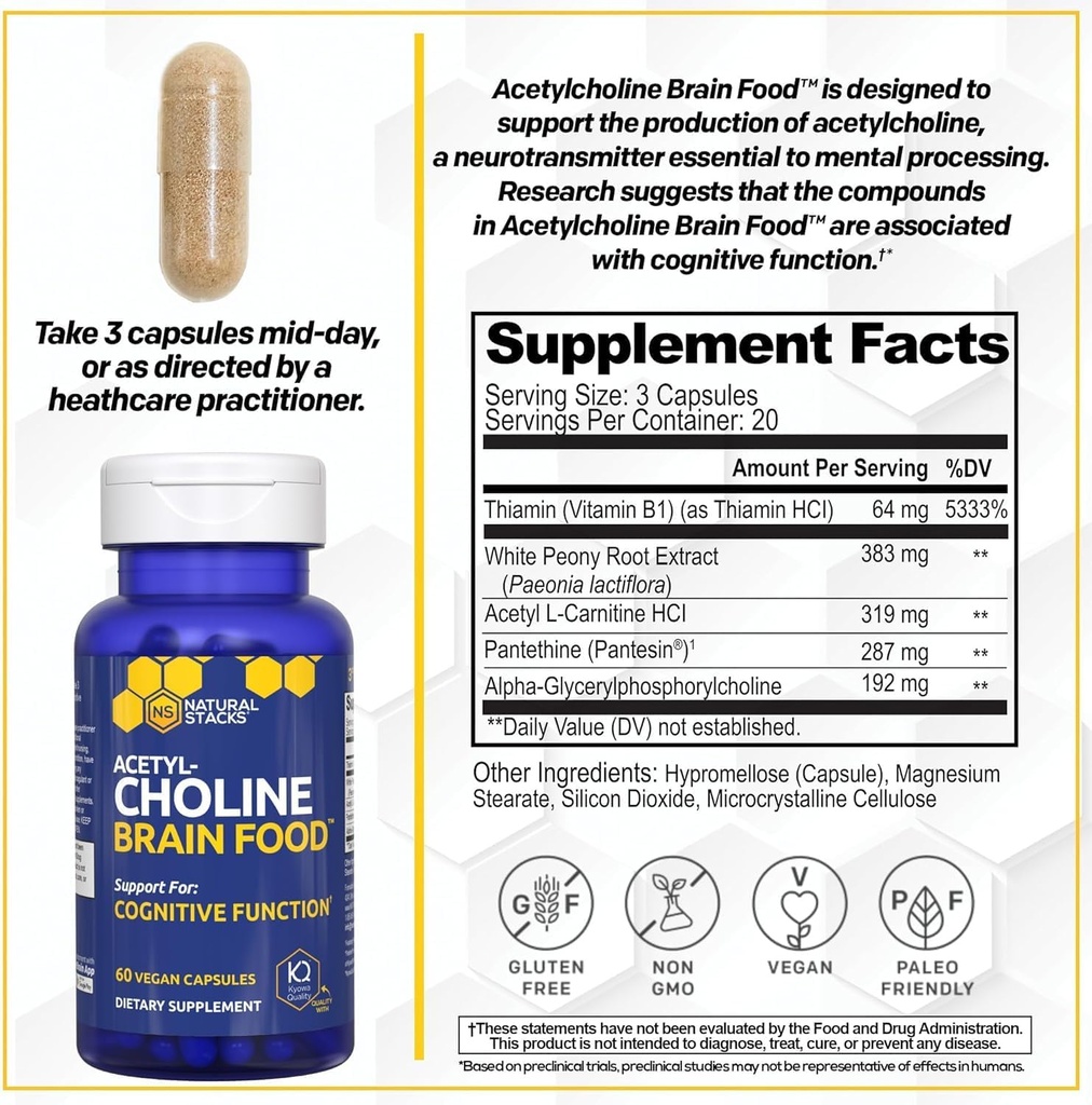 Acetylcholine Brain Food - Acetyl L-Carnitine & Alpha GPC Supplement - Supports Production of Acetylcholine - Neurotransmitter Supplement for Cognitive Function - 120 Capsules 4