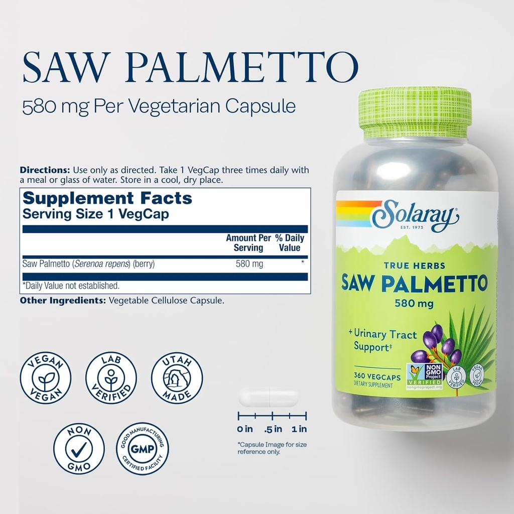 SOLARAY Saw Palmetto Berries 580 mg - Prostate Supplements for Men - Prostate Health, Urinary Tract Support, Hair Health, w/Fatty Acids and Plant Sterols, Vegan, 60-Day Guarantee, 360 VegCaps 3