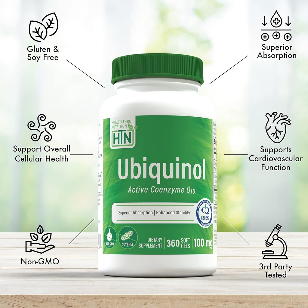 Health Thru Nutrition Ubiquinol 100mg 360 Softgels as Kaneka QH Reduced CoQ-10 | Stabilized - 3rd Party Tested | Enhanced Bioavailability | Cardiovascular & Mitochondria Function Support | Non-GMO 4