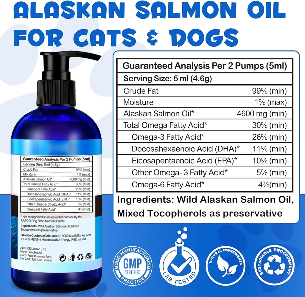 Alaskan Salmon Oil for Dogs & Cats (8.8 oz) - Pure Omega 3 Fish Oil with Omega 6 Fatty Acids, EPA & DHA - Anti-inflammation for Dogs Skin and Coat - Natural Pet Joint, Immune, Brian & Heart Supplement 6