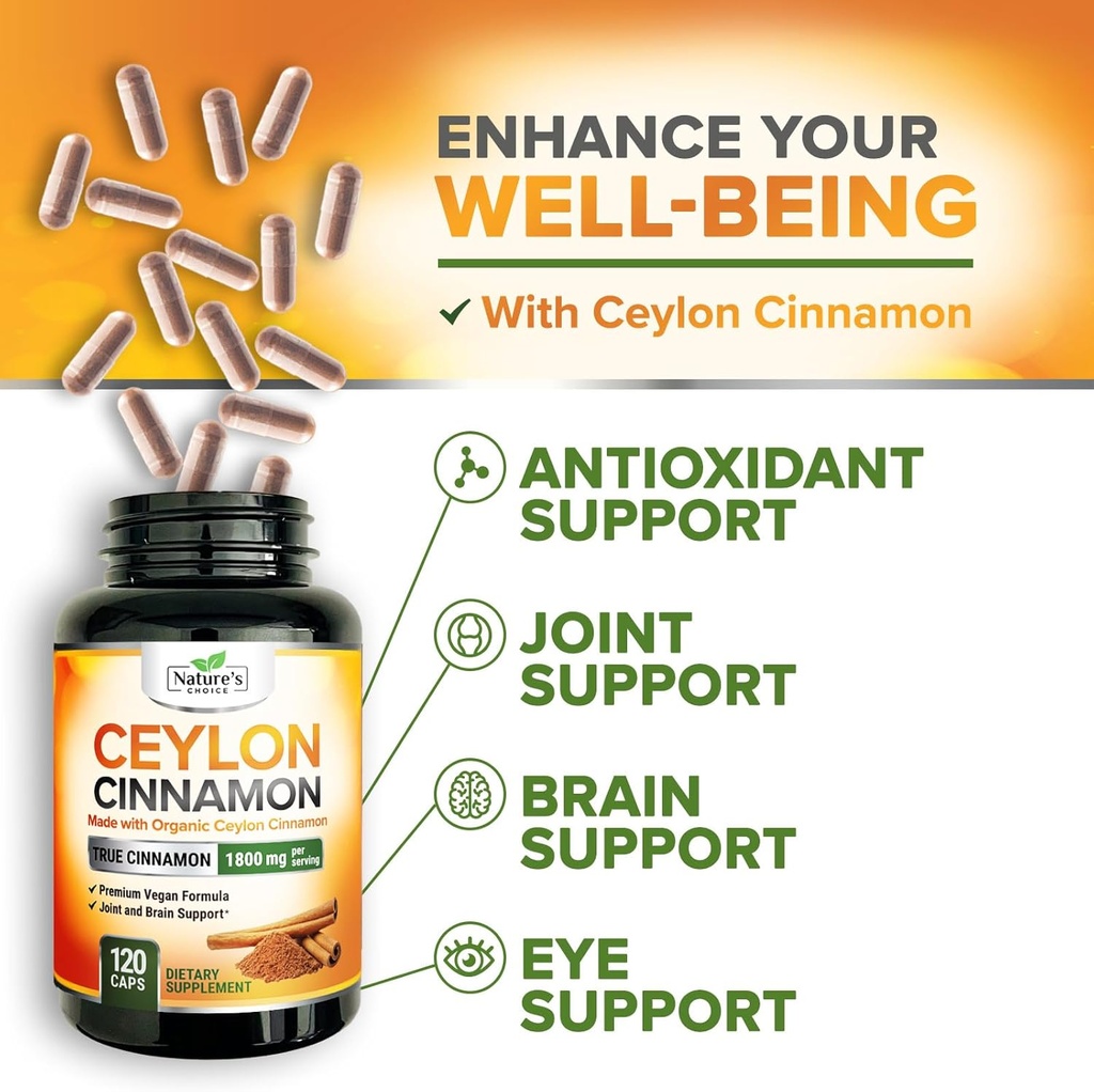 Ceylon Cinnamon Capsules 1800mg - Certified Organic Cinnamon, Bottled in USA, & Pure Extra Strength Ceylon Cinnamon Supplement, Antioxidant Pills, Non-GMO & Gluten Free, Sugar Free - 120 Capsules 6