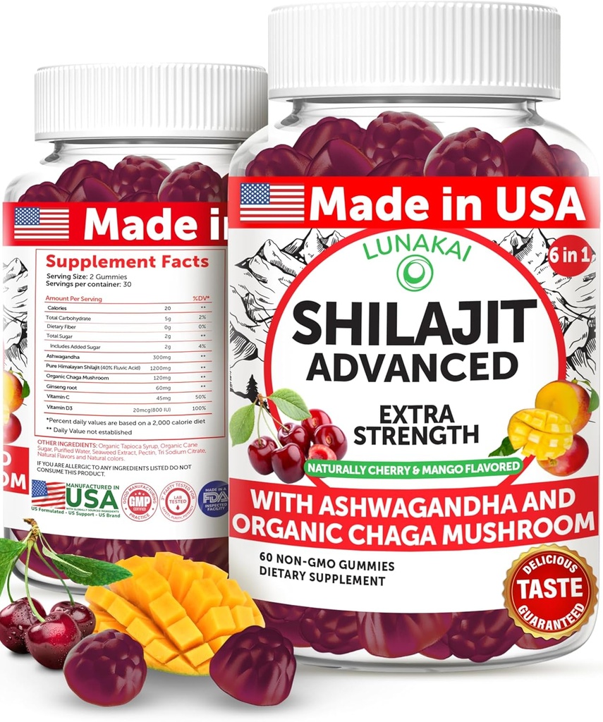 Lunakai USA Made Pure Shilajit Gummies 1200mg with Ashwagandha & Chaga - Himalayan Shilajit for Men & Women, Energy & Vitality Support, 60ct 2