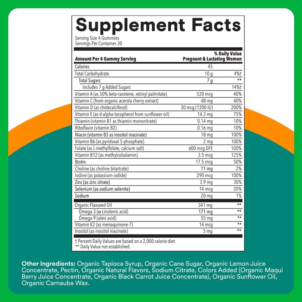SmartyPants Organic Prenatal Vitamins for Women, Multivitamin Gummies: Biotin, Methylfolate, Omega 3 (ALA), Vitamin D3, C, Vitamin B12, B6, A, K2 & Zinc, Choline, Vegetarian, 120 Count (30 Day Supply) 4