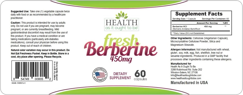 Health As It Ought To Be Fresh Berberine 450mg Supplement | Contains Only Berberine | No Preservatives | 60 Capsules 4