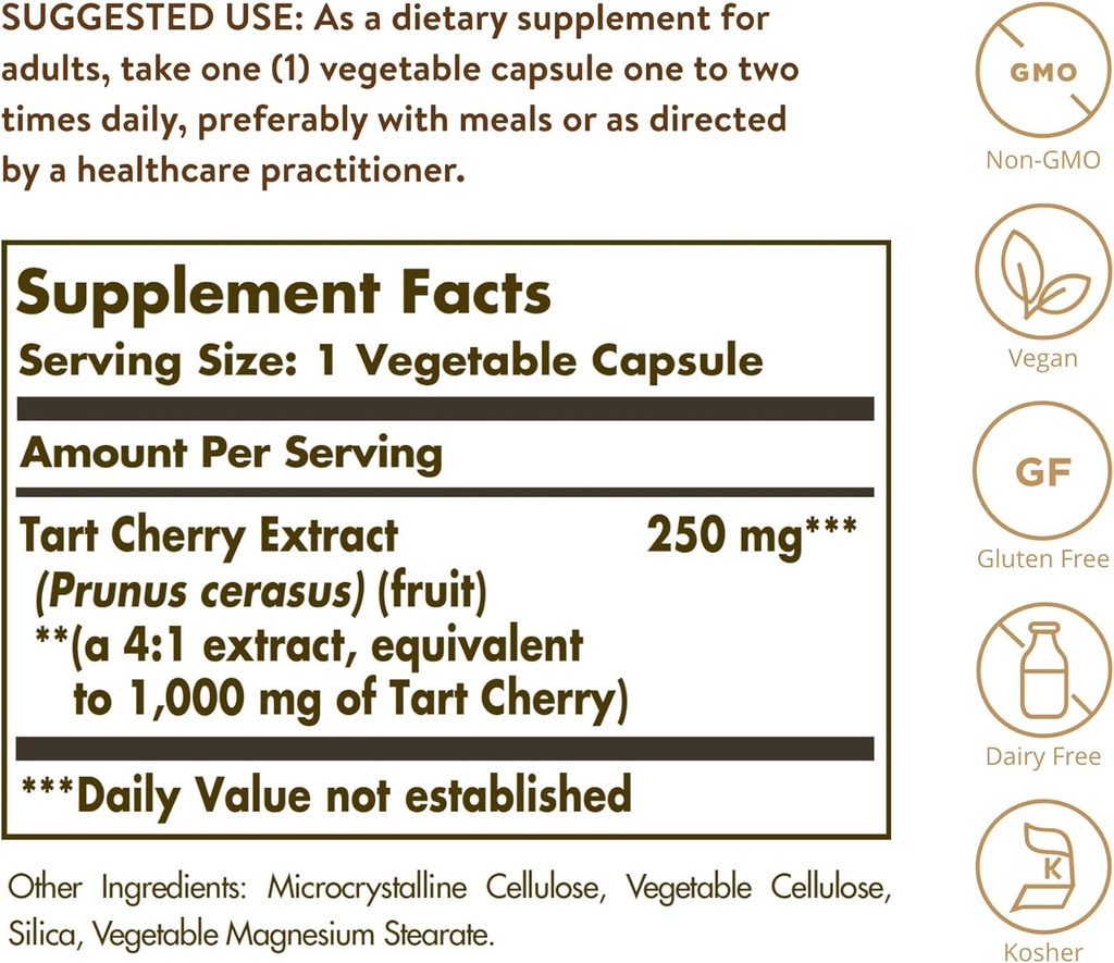 Solgar Tart Cherry 1000 mg, 90 Vegetable Capsules - Antioxidant with Quercetin, Chlorogenic Acid & Anthocyanins Compounds - Non-GMO, Vegan, Gluten Free, Dairy Free - 90 Servings 3