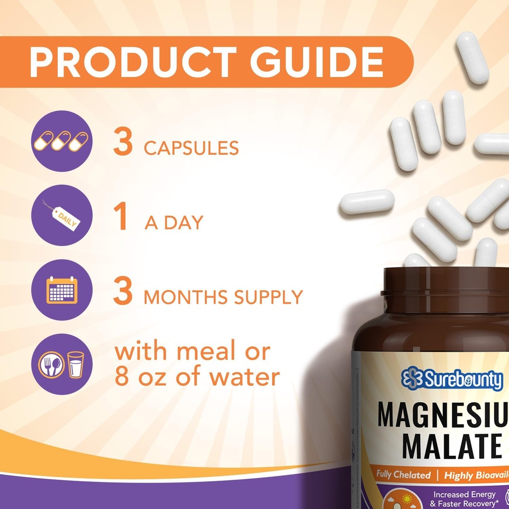 Magnesium Malate Capsules 410mg, Magnesium Supplement, Chelated, High Absorption, Energy Production & Contraction Support, Mineral for Children, Teenagers, and Adults, 90 Vegan Capsules 6