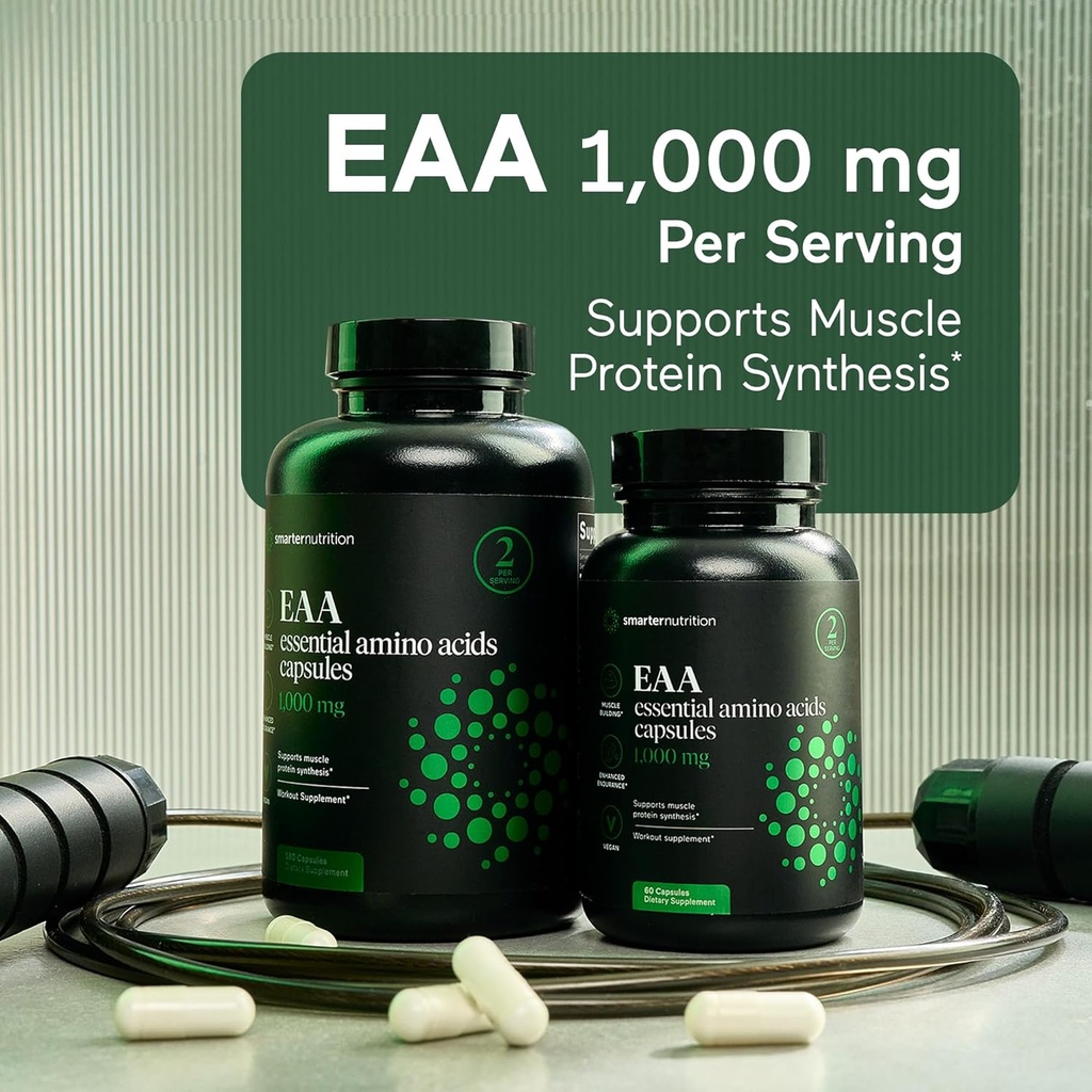 SMARTERNUTRITION Essential Amino Acids (EAA) Capsules - 1 Gram Per Serving of All 9 EAAs - Supports Muscle Mass & Exercise - Non-GMO, Vegan, Gluten Free - 60 Count[30-Day Supply] 3