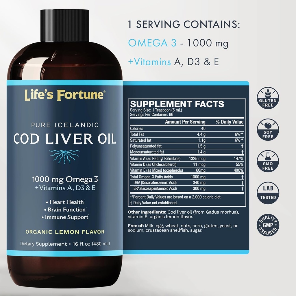 Life's Fortune Cod Liver Oil Liquid Organic Lemon Flavor (8 Oz) 1,000 mg Omega + Vitamin A, E & D3 - Supports Immune Health - 100% Fish Oil Supplement from Wild Ocean Cod-GMO Free 2