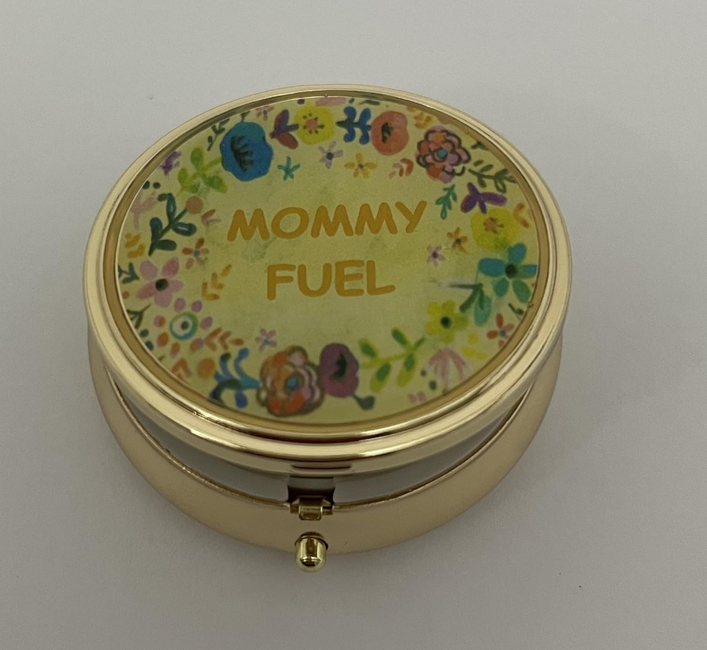 AmyZone Metal Pill Organizer Travel Friendly Portable Compact Pill Box Cute Pill Case to Hold Vitamins/Tylenol/Fish Oil/Supplements/Meds/Tablet for Purse/Pocket(Mommy Fuel-Round) 5