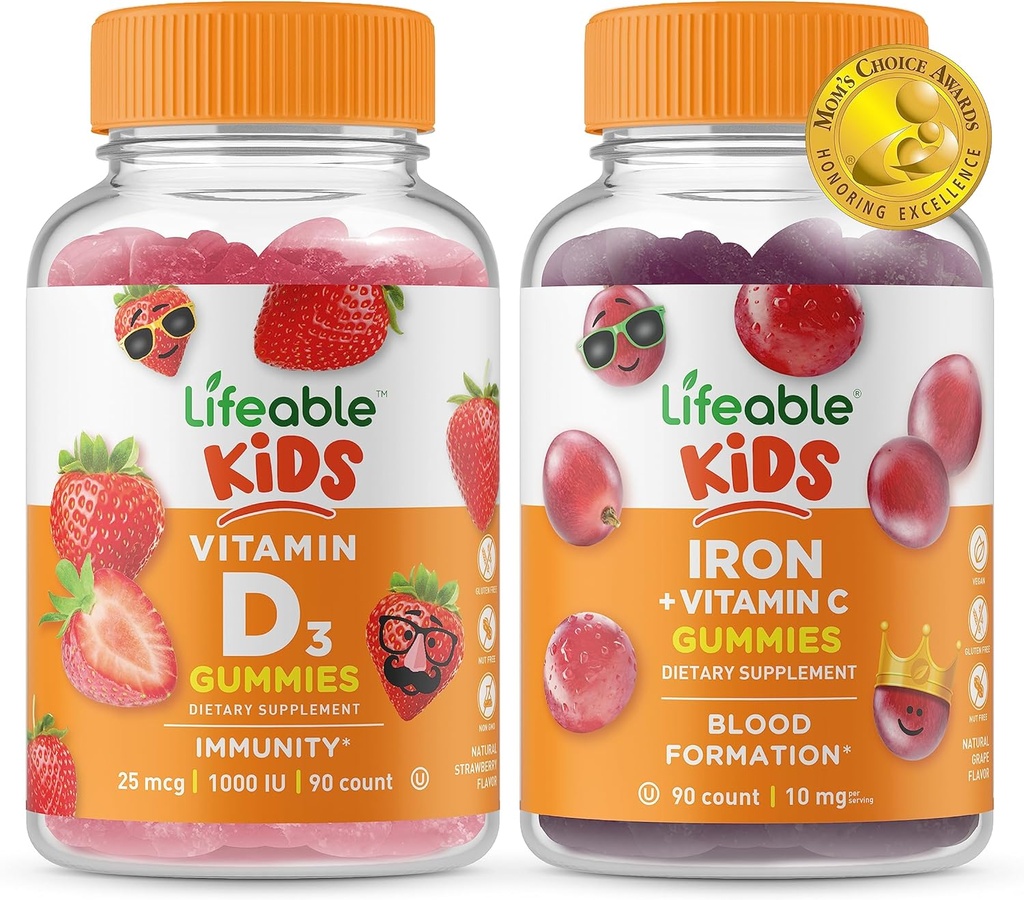 Lifeable Vitamin D Kids + Iron & Vitamin C Kids, Gummies Bundle - Great Tasting, Vitamin Supplement, Gluten Free, GMO Free, Chewable Gummy 2
