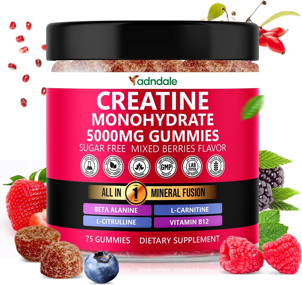 Adndale Creatine Monohydrate Gummies for Men & Women, 5000mg per Serving Creatine Supplement with Beta-Alanine, L-Citrulline & B12 - 75 Vegan Gummies. Sugar-Free 2