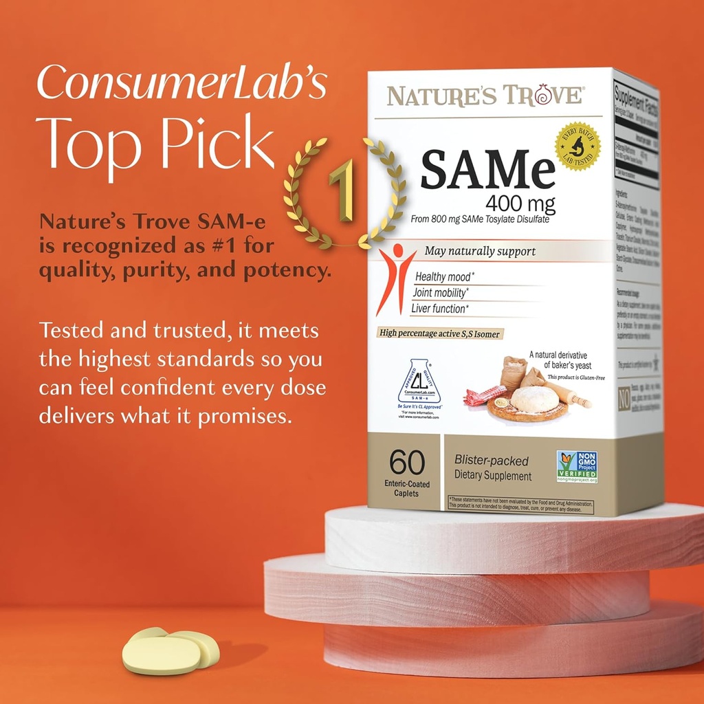 Nature's Trove SAM-e 400mg 60 Enteric Coated Caplets. Vegan, Kosher, Non-GMO Project Verified, Soy Free, Gluten Free - Cold Form Blister Packed. 3