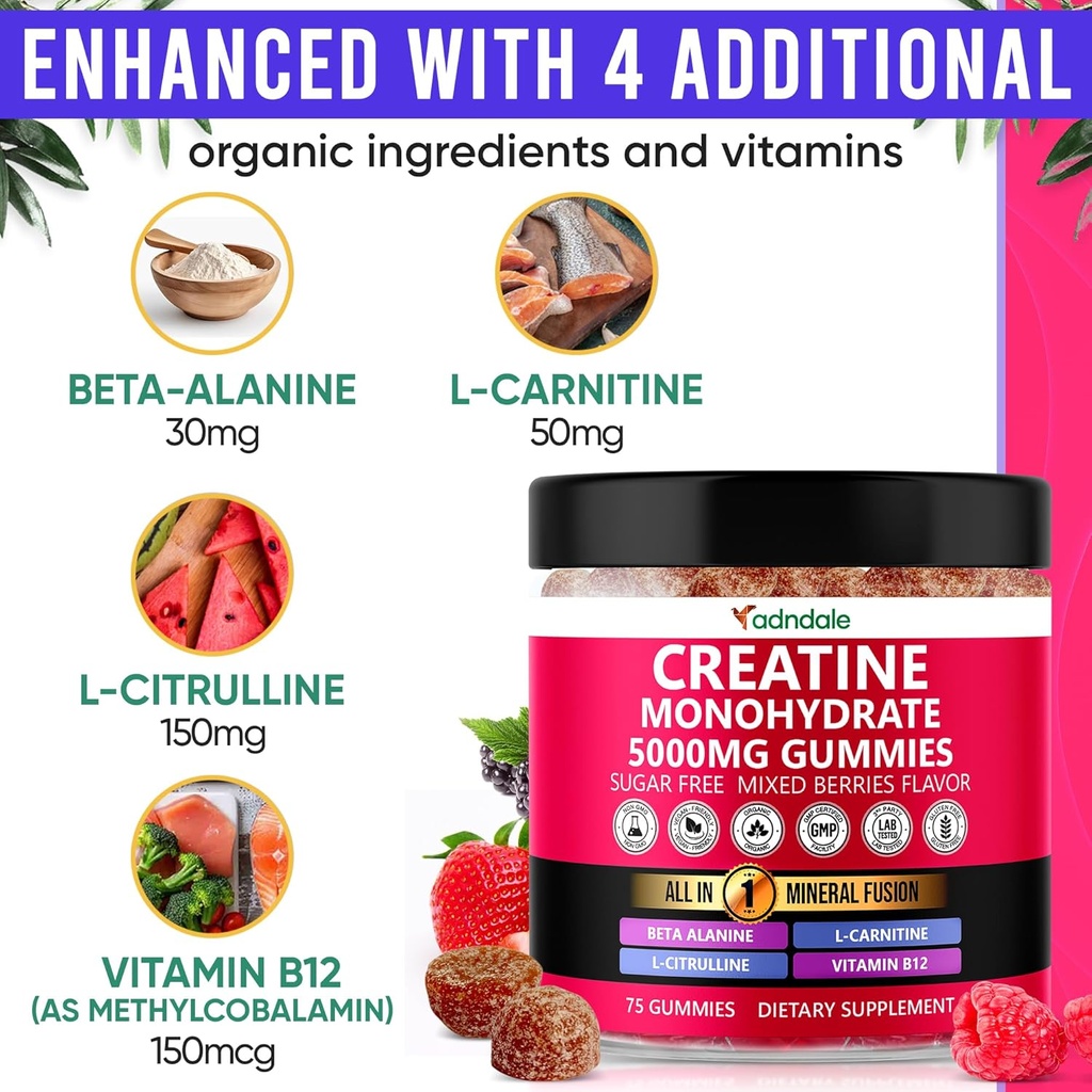 Adndale Creatine Monohydrate Gummies for Men & Women, 5000mg per Serving Creatine Supplement with Beta-Alanine, L-Citrulline & B12 - 75 Vegan Gummies. Sugar-Free 4