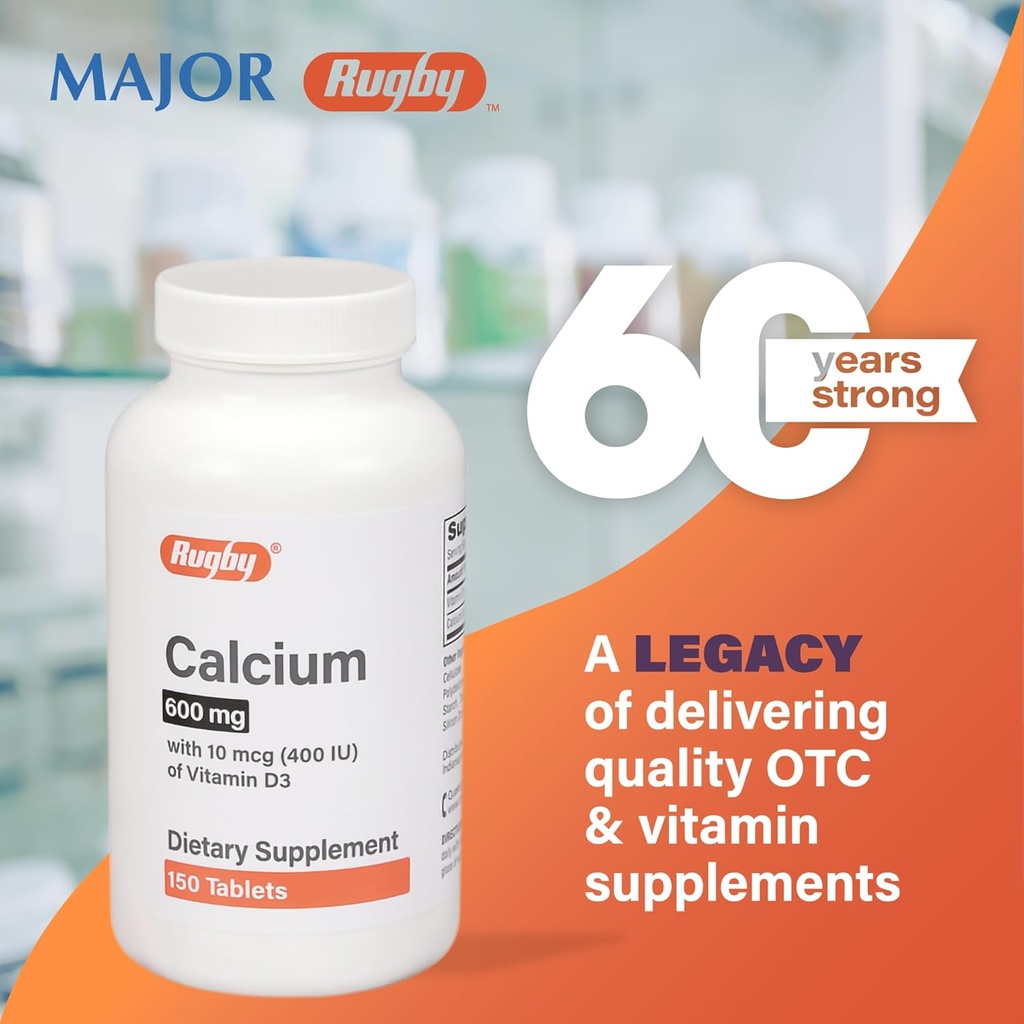Rugby 600 mg Calcium Tablets - Made with 10 mcg (400 IU) of Vitamin D3 - Dietary Supplement - 150 Tablets 3