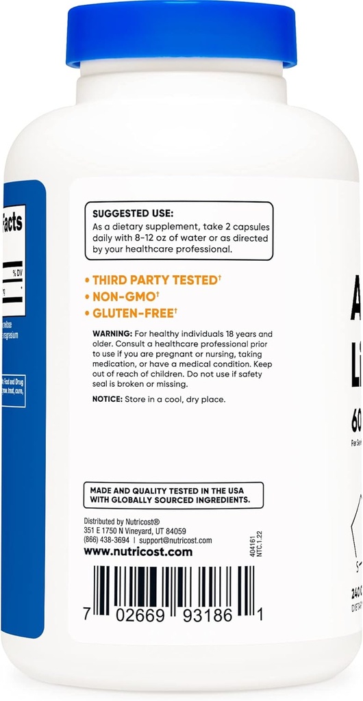 Nutricost Alpha Lipoic Acid 600mg, 240 Vegetarian Capsules - Gluten Free, Soy Free & Non-GMO, 120 Servings (2 Bottles) 4