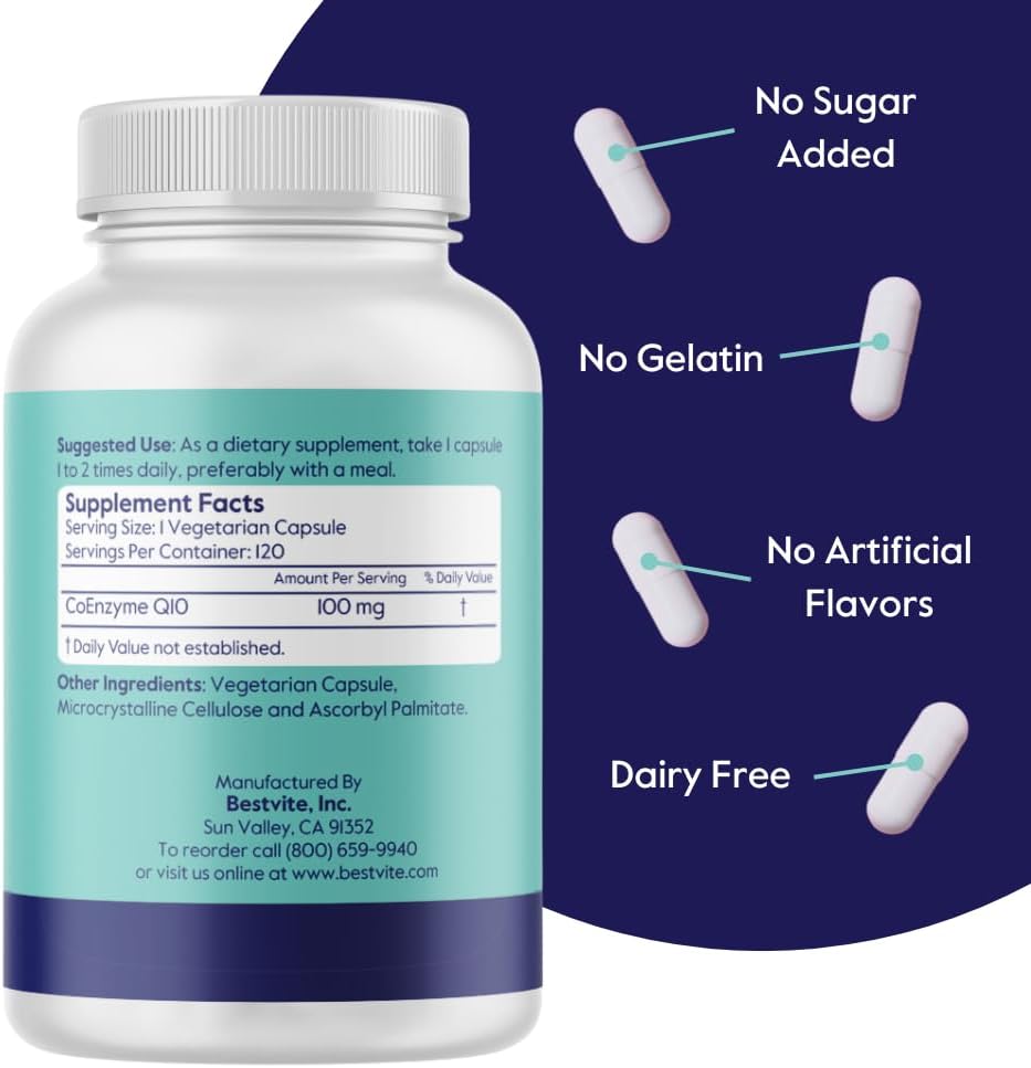 BESTVITE Coenzyme CoQ10 100mg (120 Vegetarian Capsules) Naturally Fermented - No Stearates - No Fillers - Vegan - Non GMO - Gluten Free 4