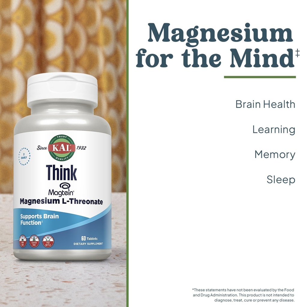 KAL Think Magnesium L-Threonate 2000 mg | Learning, Brain Health & Memory Function Support w/Magtein | Vegan, No Gluten & Non-GMO | 60 Tablets 4