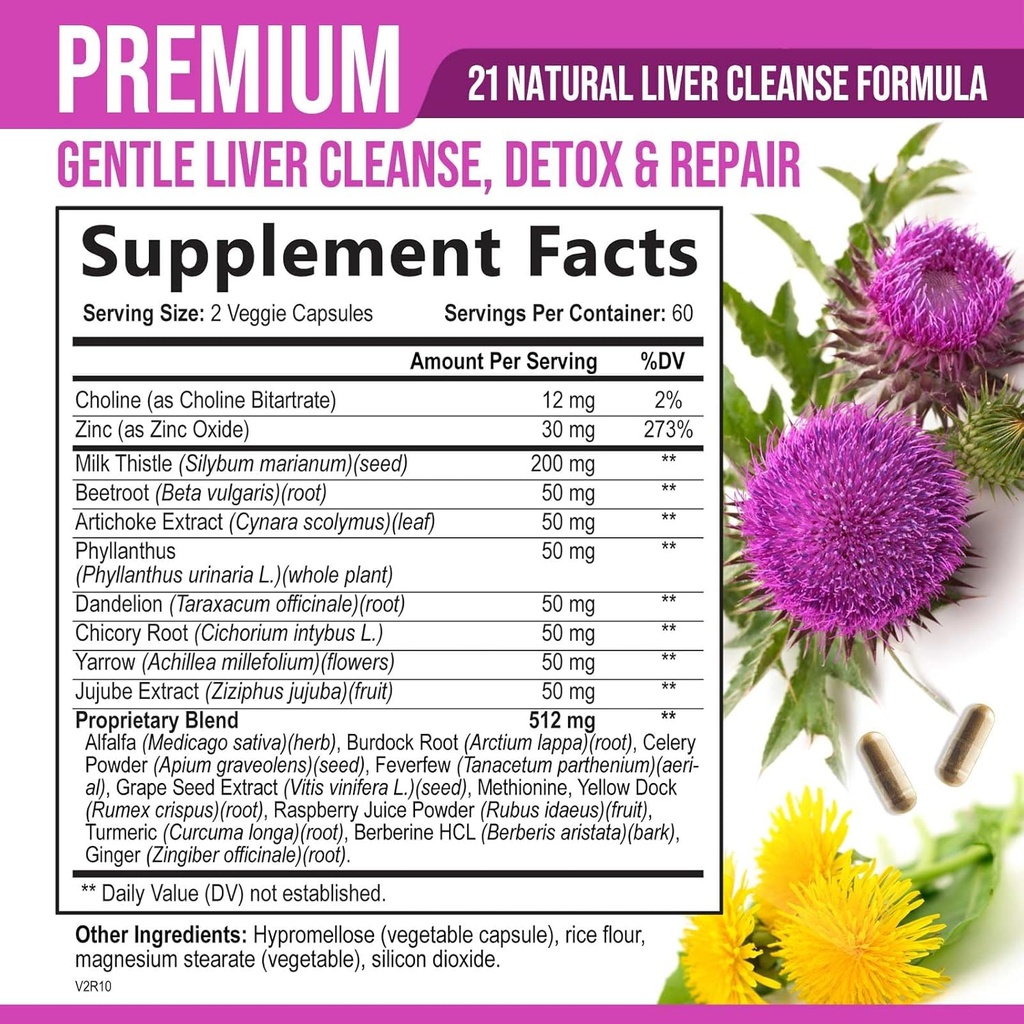Liver Cleanse Detox & Repair Formula - 20-in-1 Advanced Liver Support Supplement with Silymarin Milk Thistle, Dandelion Root, Artichoke Extract, Turmeric, Choline, & Beetroot - 120 Veggie Capsules 3