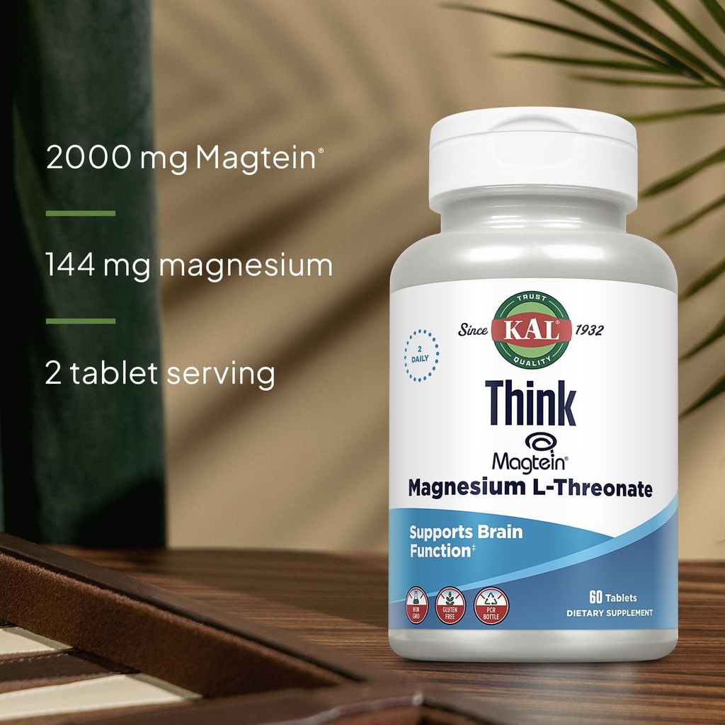 KAL Think Magnesium L-Threonate 2000 mg | Learning, Brain Health & Memory Function Support w/Magtein | Vegan, No Gluten & Non-GMO | 60 Tablets 5