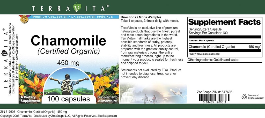 Chamomile (Certified Organic) - 450 mg (100 Capsules, ZIN: 517605) 5