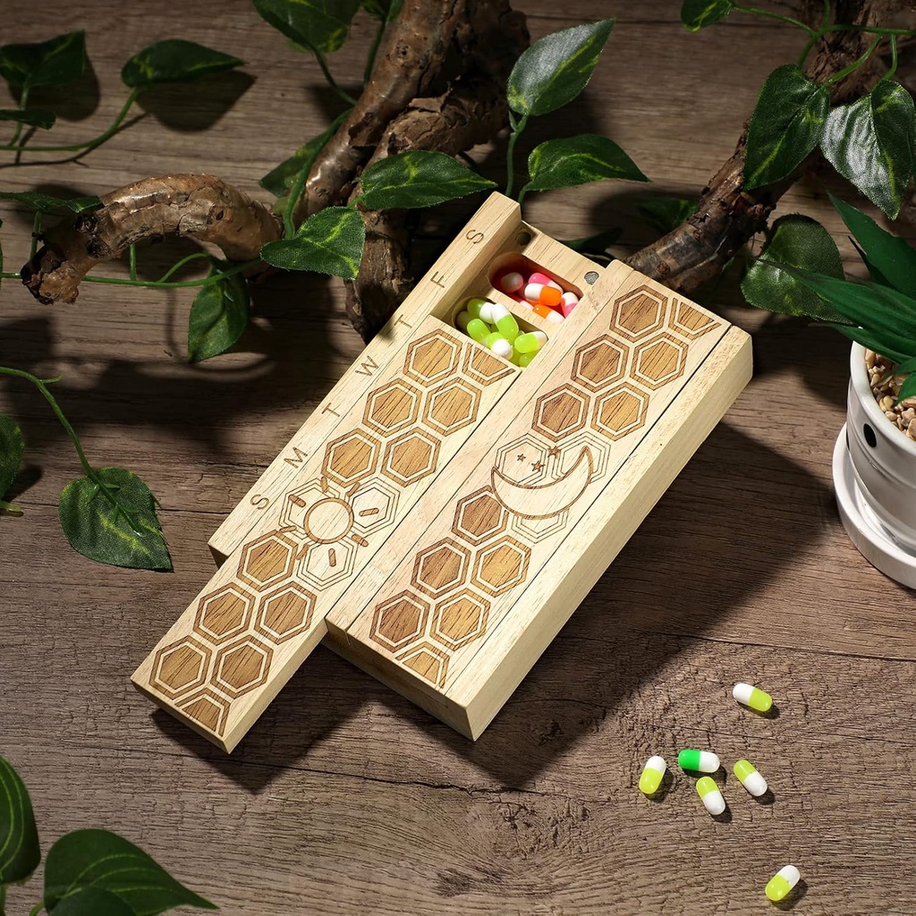 Chengu Wood 7 Day Weekly Pill Organizer Vitamin Dispenser Wooden Pill Case Container Box for Vitamin Fish Oil Pills Supplements, Arthritis Friendly, Outdoor Travel 3