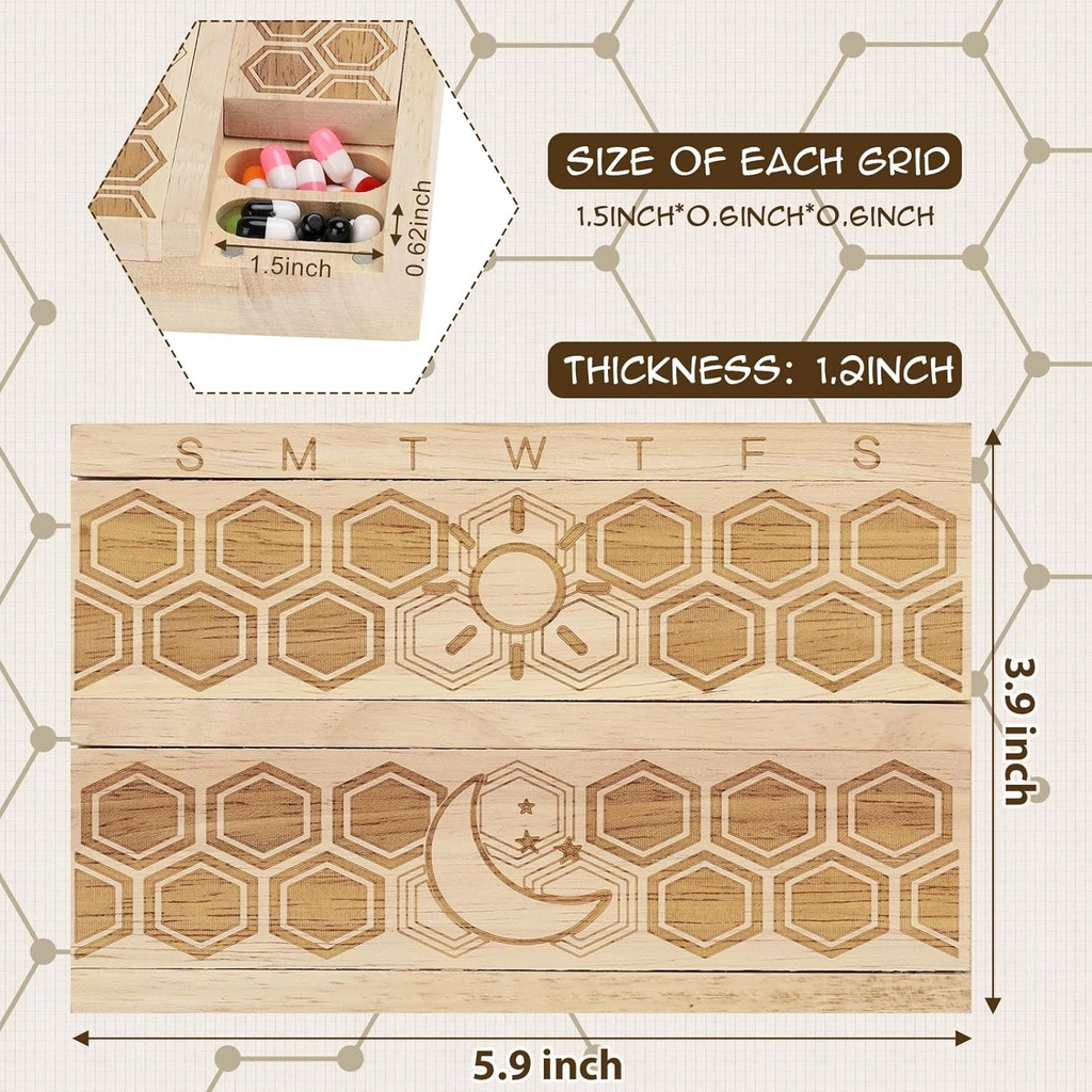 Chengu Wood 7 Day Weekly Pill Organizer Vitamin Dispenser Wooden Pill Case Container Box for Vitamin Fish Oil Pills Supplements, Arthritis Friendly, Outdoor Travel 4