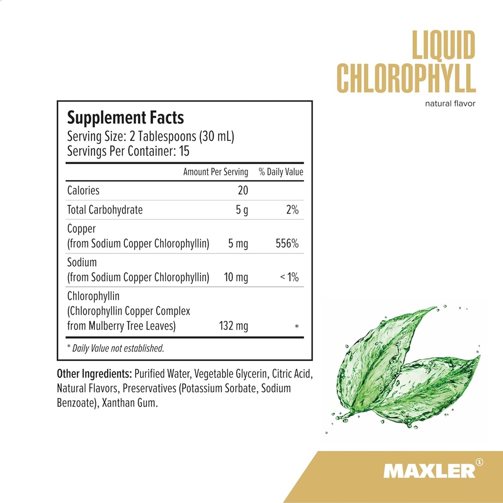 Maxler Chlorophyll Liquid Natural Flavor - Internal Deodorant for Body Odor & Bad Breath Supplement - Vegan Liquid Chlorophyll - 132 mg of Chlorophyllin per 1 Serving (15 Servings) - 15.2 fl oz 6